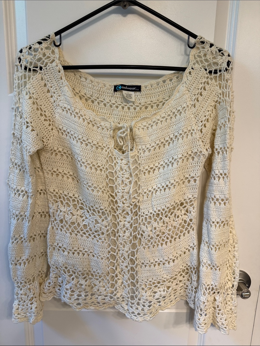 Coldwater Creek Cream Crochet Openwork Scoop-Neck Sweater